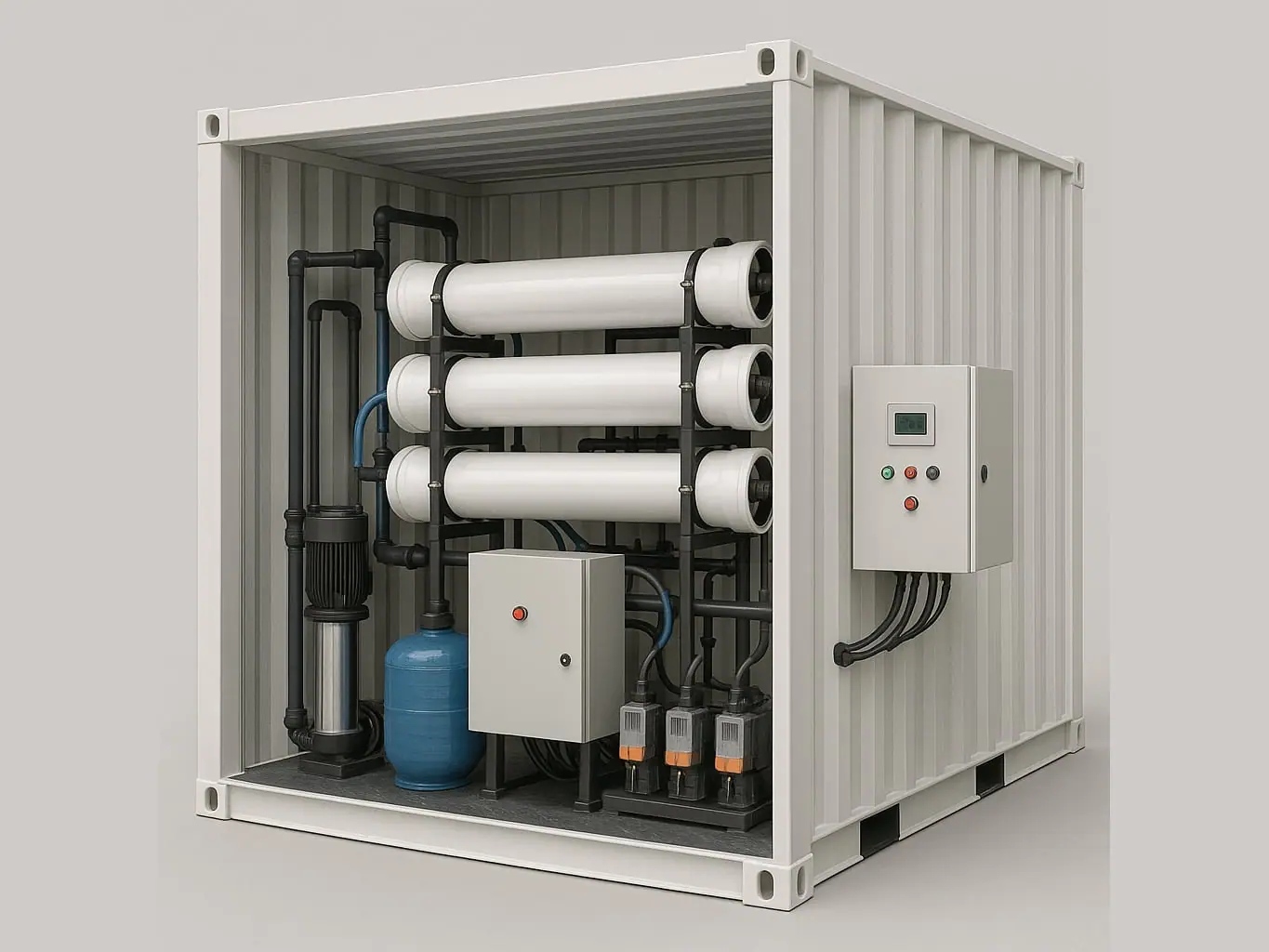 Containerized RO plant with membrane vessels, pump and control panels inside a shipping container
