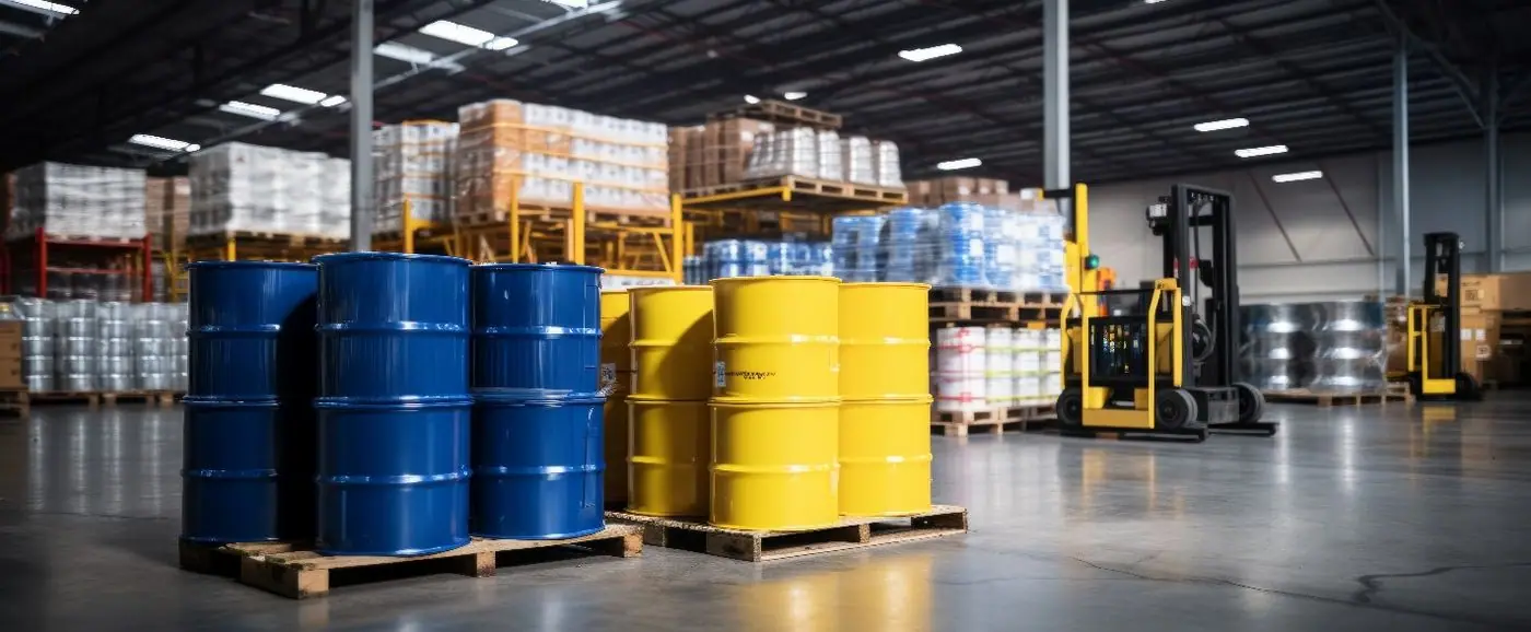 Chemical drums in warehouse storage
